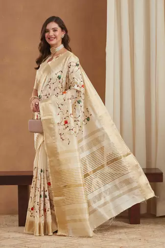 assam cotton art silk embroidered zari temple border saree with blouse.