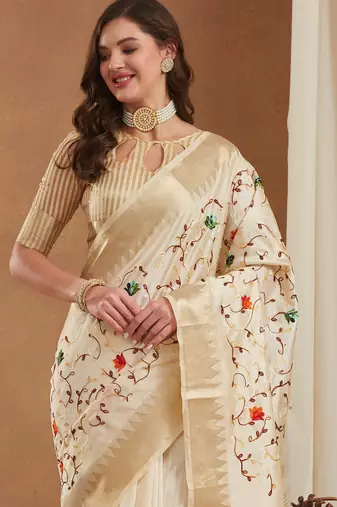 assam cotton art silk embroidered zari temple border saree with blouse.