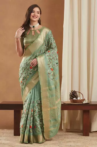 assam cotton art silk embroidered zari temple border saree with blouse.