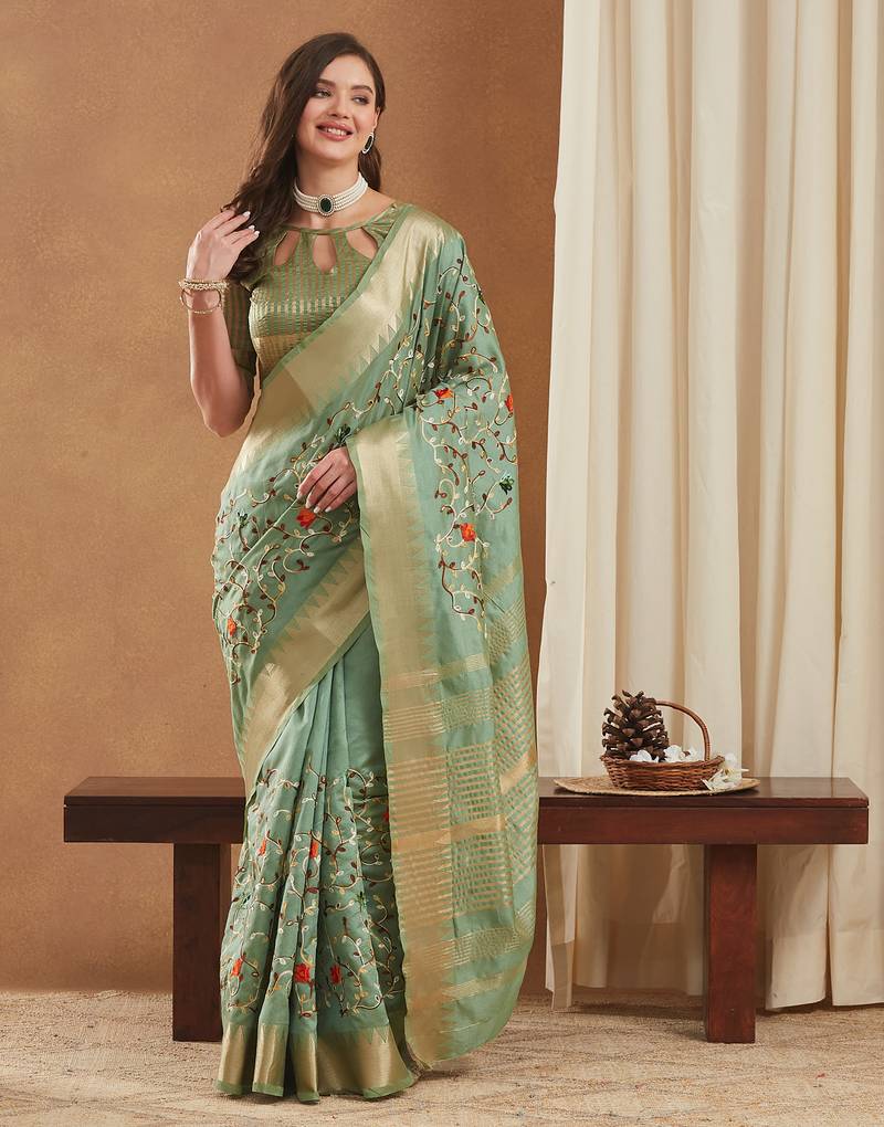 assam cotton art silk embroidered zari temple border saree with blouse.
