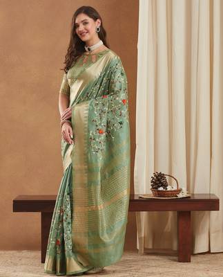 assam cotton art silk embroidered zari temple border saree with blouse. 2