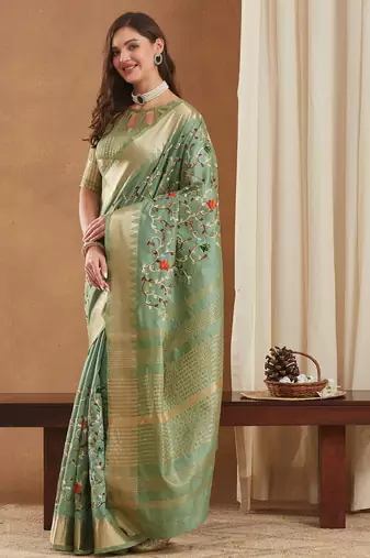 assam cotton art silk embroidered zari temple border saree with blouse.