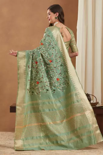 assam cotton art silk embroidered zari temple border saree with blouse.
