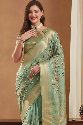 assam cotton art silk embroidered zari temple border saree with blouse.