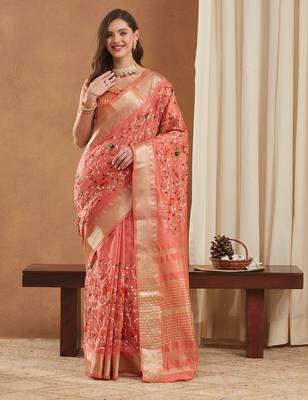 assam cotton art silk embroidered zari temple border saree with blouse. 1