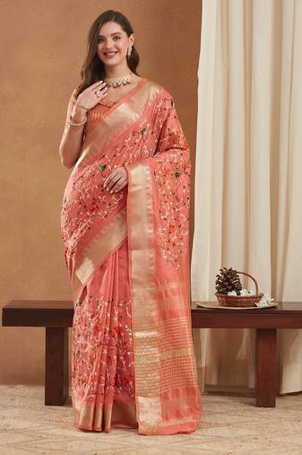assam cotton art silk embroidered zari temple border saree with blouse.