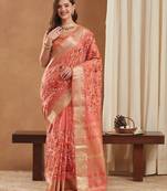 assam cotton art silk embroidered zari temple border saree with blouse.