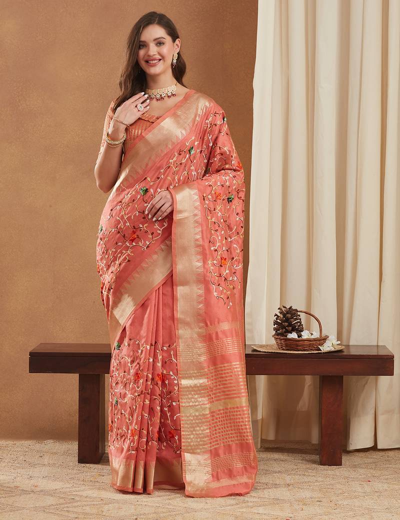 assam cotton art silk embroidered zari temple border saree with blouse.