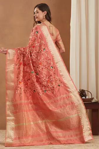 assam cotton art silk embroidered zari temple border saree with blouse.