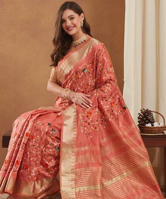 assam cotton art silk embroidered zari temple border saree with blouse. 3
