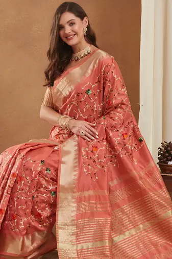 assam cotton art silk embroidered zari temple border saree with blouse.