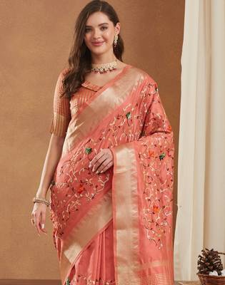 assam cotton art silk embroidered zari temple border saree with blouse. 4