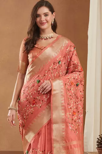 assam cotton art silk embroidered zari temple border saree with blouse.