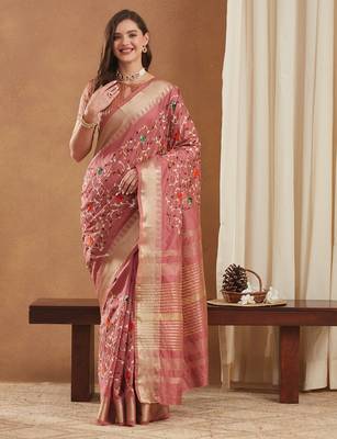 assam cotton art silk embroidered zari temple border saree with blouse. 1