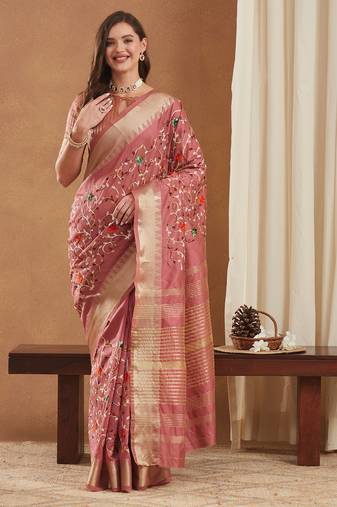 assam cotton art silk embroidered zari temple border saree with blouse.