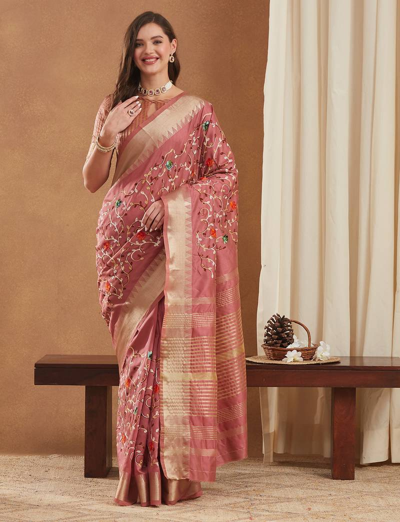 assam cotton art silk embroidered zari temple border saree with blouse.