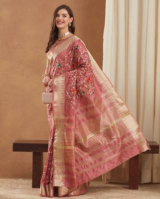 assam cotton art silk embroidered zari temple border saree with blouse. 2