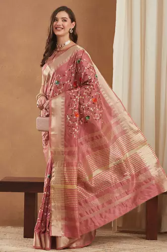 assam cotton art silk embroidered zari temple border saree with blouse.