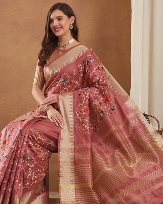 assam cotton art silk embroidered zari temple border saree with blouse. 3