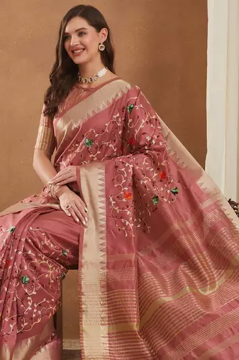 assam cotton art silk embroidered zari temple border saree with blouse.