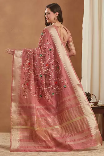 assam cotton art silk embroidered zari temple border saree with blouse.