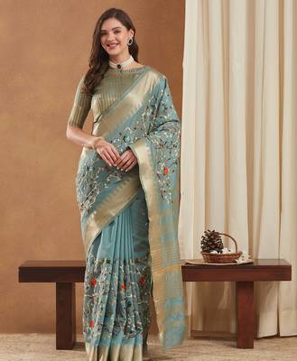 assam cotton art silk embroidered zari temple border saree with blouse. 1