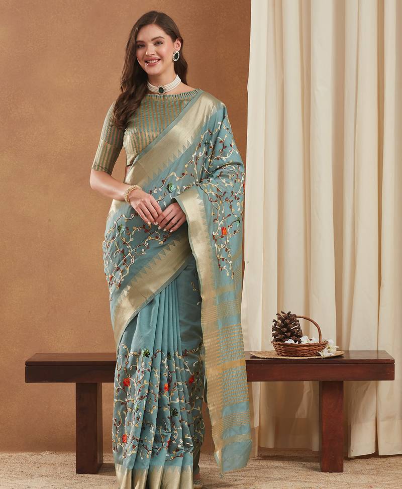 assam cotton art silk embroidered zari temple border saree with blouse.