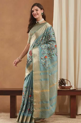 assam cotton art silk embroidered zari temple border saree with blouse.
