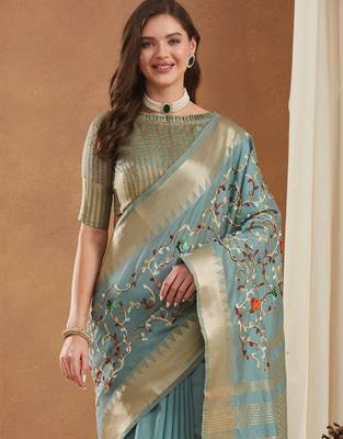 assam cotton art silk embroidered zari temple border saree with blouse. 4