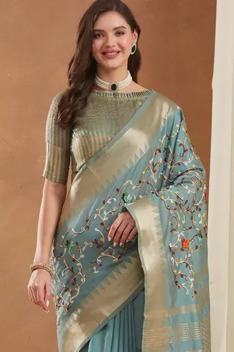 assam cotton art silk embroidered zari temple border saree with blouse.