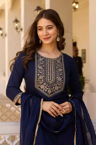 Navy Rayon Embroidery Work Straight Kurta Pant and Dupatta Set