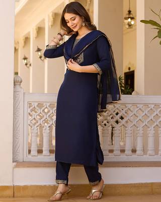 Navy Rayon Embroidery Work Straight Kurta Pant and Dupatta Set 3