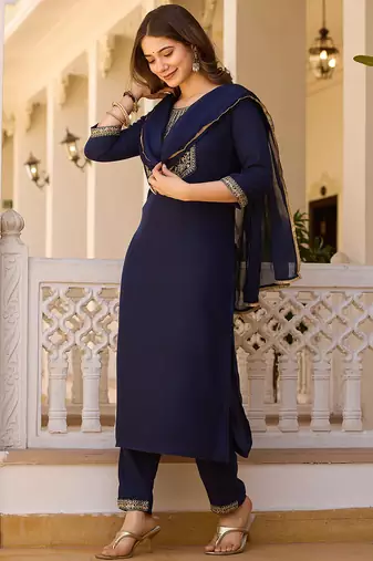 Navy Rayon Embroidery Work Straight Kurta Pant and Dupatta Set