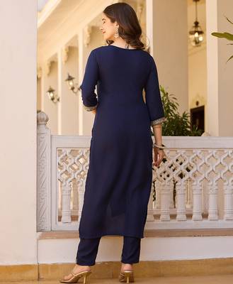 Navy Rayon Embroidery Work Straight Kurta Pant and Dupatta Set 4