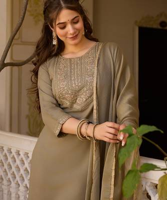  Light Green Rayon Embroidery Work Straight Kurta Pant and Dupatta Set 2