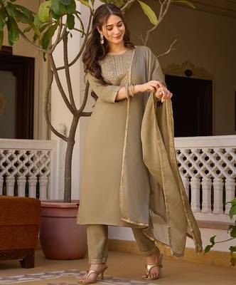 Light Green Rayon Embroidery Work Straight Kurta Pant and Dupatta Set 5
