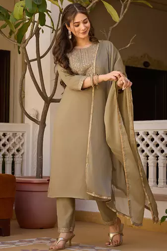  Light Green Rayon Embroidery Work Straight Kurta Pant and Dupatta Set