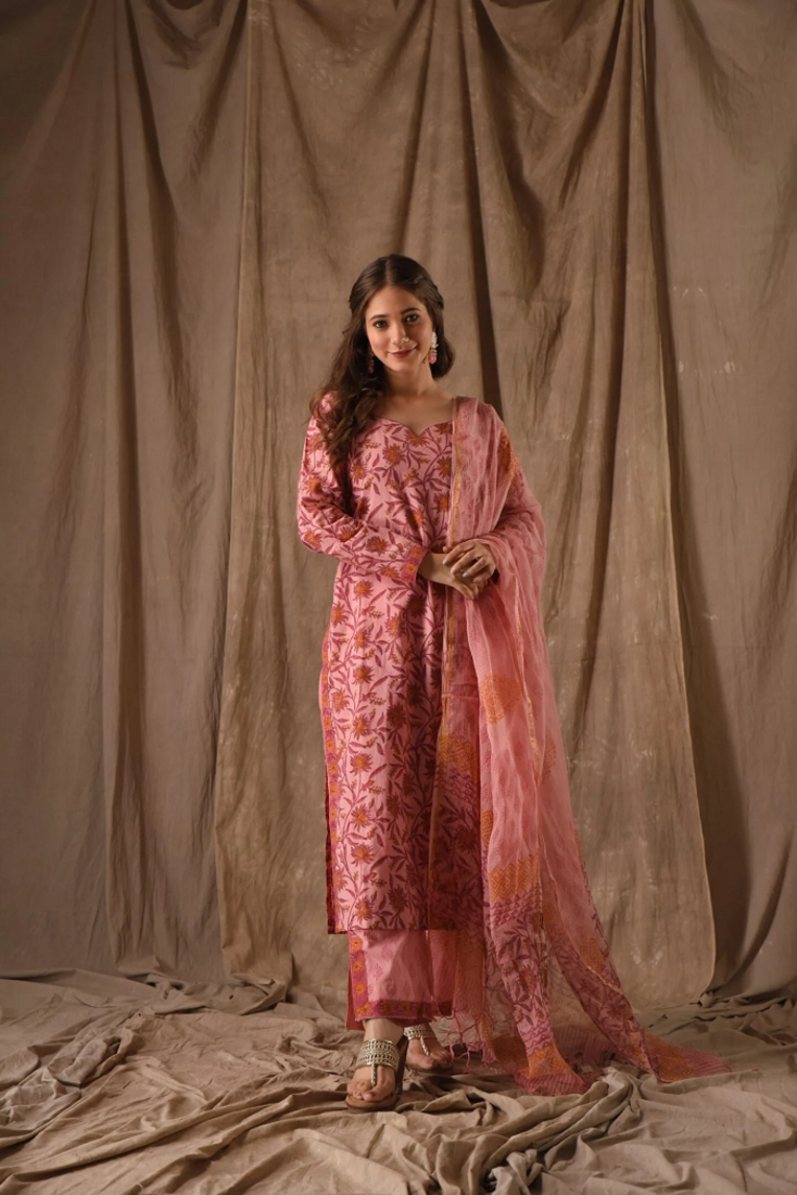  Pink Linen Slub Printed Work Straight Kurta Pant and Dupatta Set