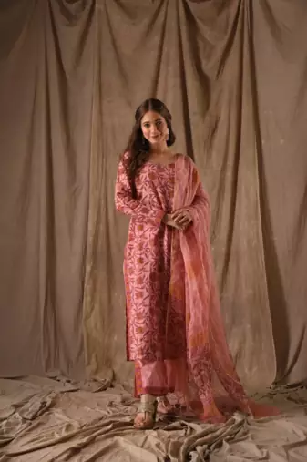  Pink Linen Slub Printed Work Straight Kurta Pant and Dupatta Set