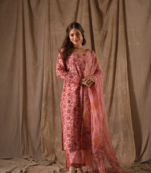  Pink Linen Slub Printed Work Straight Kurta Pant and Dupatta Set