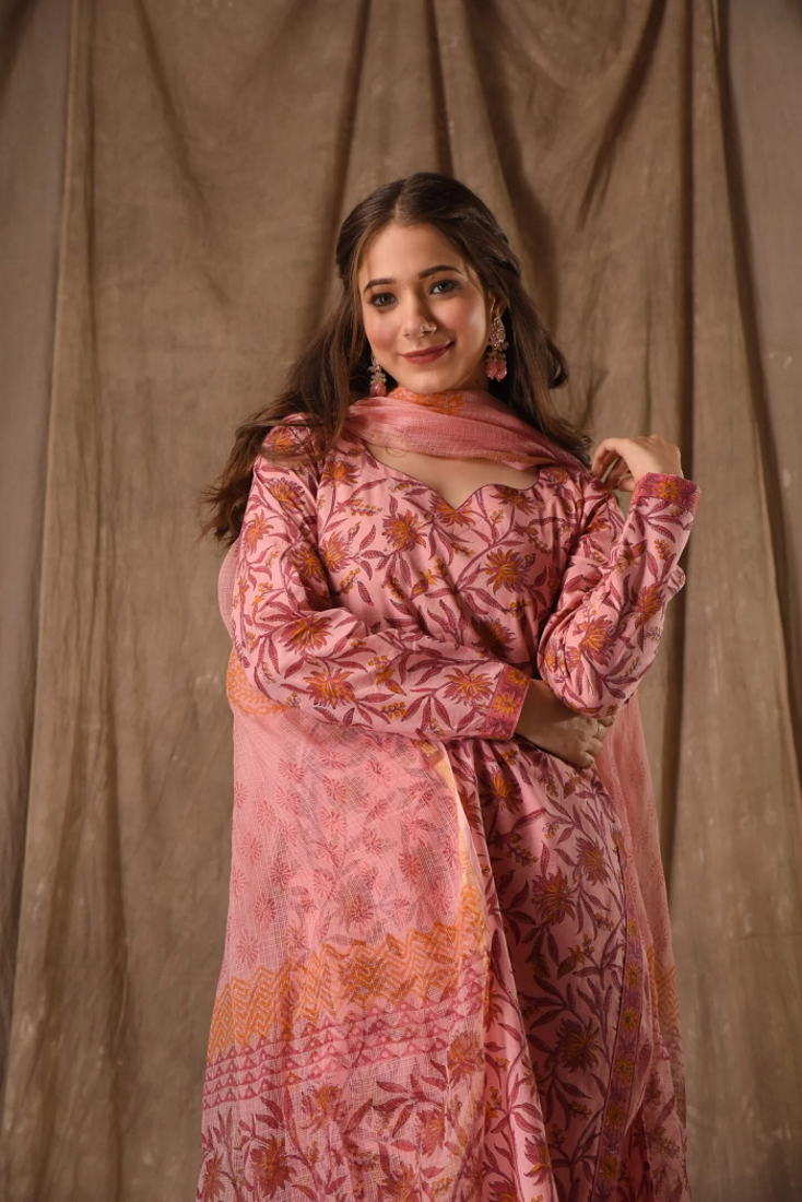  Pink Linen Slub Printed Work Straight Kurta Pant and Dupatta Set