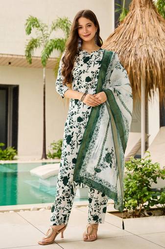 White Silk Blend Printed Work Straight Kurta Pant and Dupatta Set