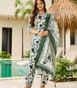 White Silk Blend Printed Work Straight Kurta Pant and Dupatta Set
