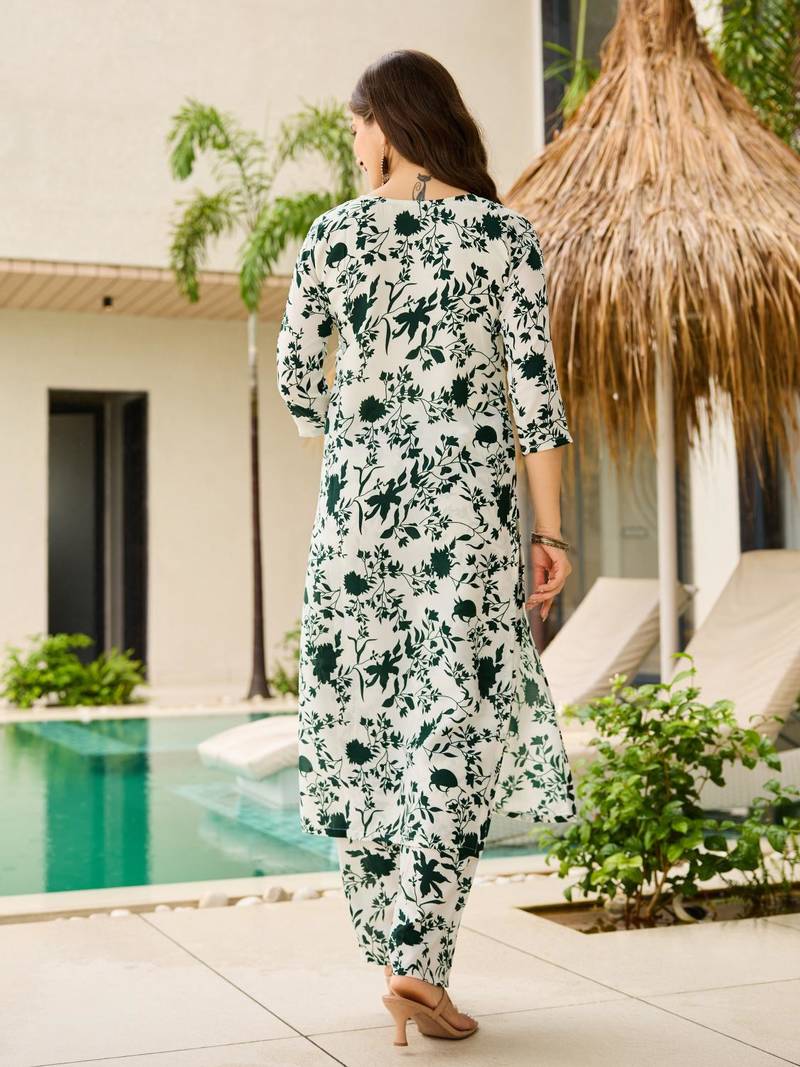 White Silk Blend Printed Work Straight Kurta Pant and Dupatta Set