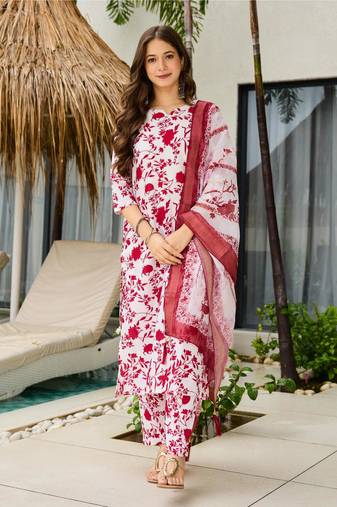 Red Silk Blend Printed Work Straight Kurta Pant and Dupatta Set