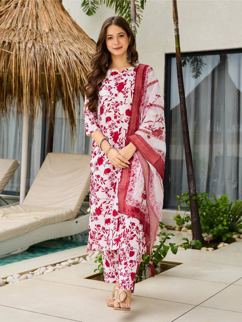 Red Silk Blend Printed Work Straight Kurta Pant and Dupatta Set