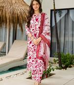 Red Silk Blend Printed Work Straight Kurta Pant and Dupatta Set