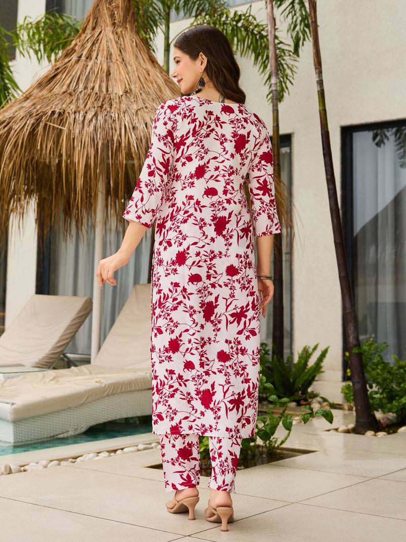 Red Silk Blend Printed Work Straight Kurta Pant and Dupatta Set