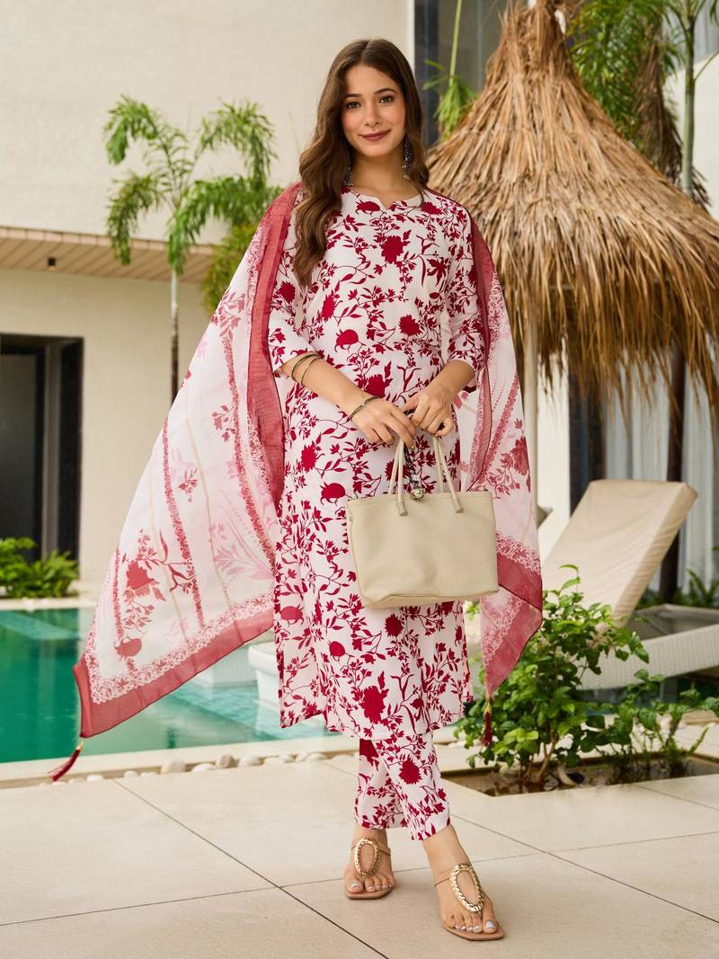 Red Silk Blend Printed Work Straight Kurta Pant and Dupatta Set