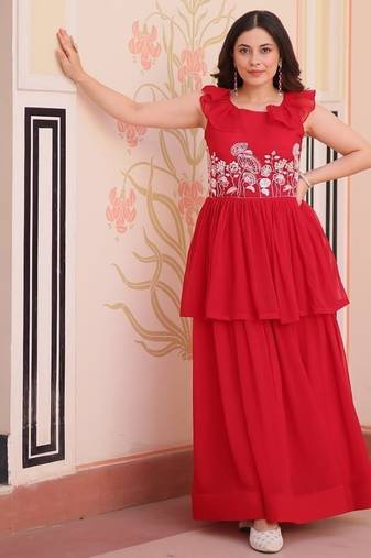 Red designer faux blooming embroidered gown with bead work & canvas patta